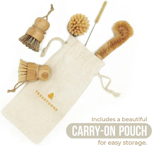 Miniatura 4 de Juego de cepillos de bambú natural con soporte - Cepillo de madera ecológico para platos