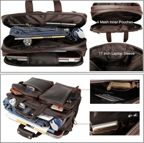 Miniatura 7 de Maletín de cuero para hombre, ampliable, grande, de 17 pulgadas, para laptop, bolsa de hombro, bolsa de viaje de negocios