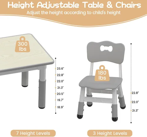 Miniatura 3 de GAOMON - Juego de mesa y 6 sillas para niños, mesa y silla ajustables en altura para niños de 2 a 10 años, escritorio con graffiti, patas Gris