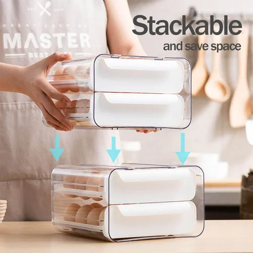 Miniatura 2 de Soporte para huevos de gran capacidad para refrigerador, contenedores organizadores de almacenamiento de huevos, organizador apilable de plástico