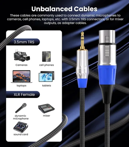 Miniatura 3 de Tisino - Cable de micrófono XLR a 3.5mm - 0.30 metros XLR hembra no balanceado a 9/64" para videocámaras, cámaras DSLR, dispositivo de grabación