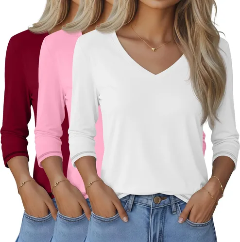 Miniatura 9 de Ficerd Paquete de 3 camisetas de manga 3/4 para mujer, cuello en V, blusas holgadas, blusas casuales, ropa de moda 2026