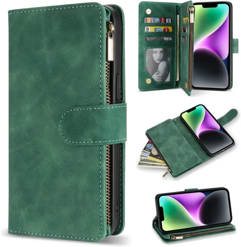 Miniatura 29 de ZZXX Funda tipo cartera para iPhone 14 Plus con [Bloqueo RFID] Ranura para tarjetas Cuero PU suave premium con cremallera tipo folio plegable