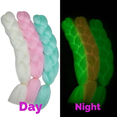Miniatura 4 de Extensiones de cabello trenzado jumbo coloridas que brillan en la oscuridad para trenzas de arco iris de 24 pulgadas, 3 piezas (blanco/rosa/verde)