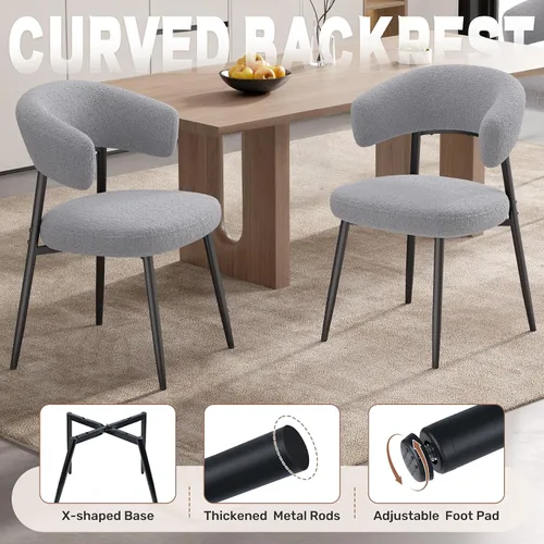 Miniatura 4 de Juego de 6 sillas de comedor, sillas de cocina estilo de mediados de siglo moderno, silla de comedor tapizada en bouclé con respaldo curvo y patas