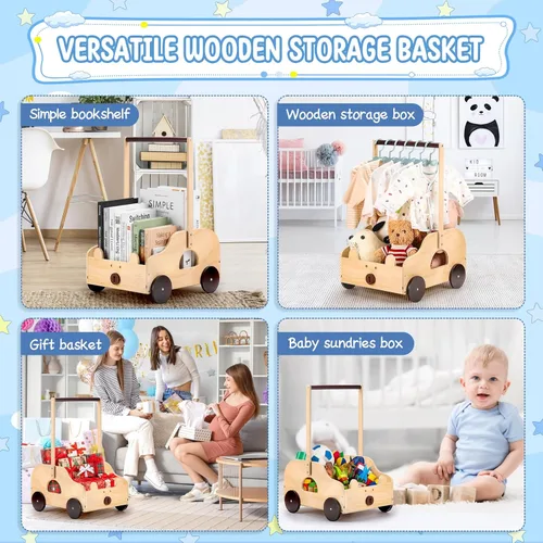 Miniatura 7 de Cesta de madera para baby shower con ruedas de diseño de oso, caja de almacenamiento personalizada con asa, cesta grande de regalo para recién