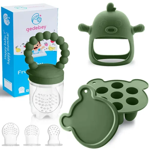 Alimentador de frutas para bebé - Moldes de paletas de leche materna para aliviar la dentición - Paquete de 3 juegos de alimentación - 1 bandeja