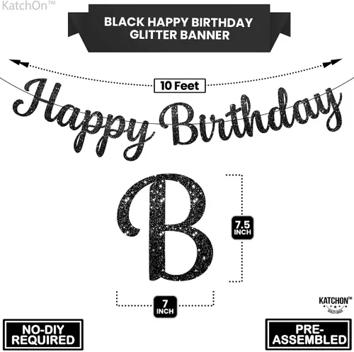 Miniatura 2 de KatchOn Cartel de feliz cumpleaños cursivo negro con purpurina, pre-encordado, 10 pies, cartel de feliz cumpleaños para mujeres, hombres, niños