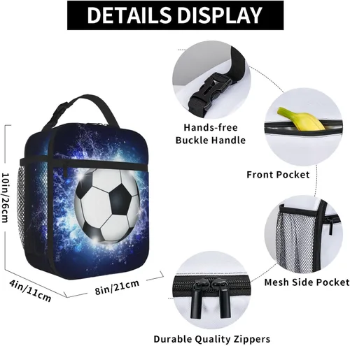 Miniatura 6 de Lonchera Deportiva con Estampado de Fútbol, Bolsa de Almuerzo Aislada Azul para Niños, Adolescentes, Niños y Niñas, Bolsa de Almuerzo Reutilizable