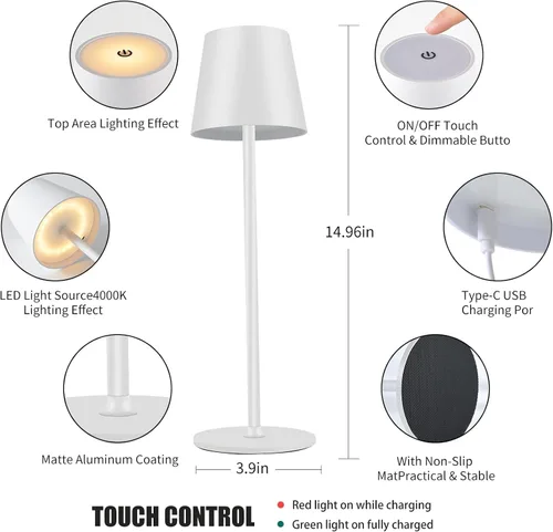 Miniatura 5 de BGFHome Paquete de 2 Lámpara de Mesa Inalámbrica Lámpara LED de Escritorio, 5000mAh Luz Nocturna Táctil Recargable Inalámbrica Diseño Minimalista