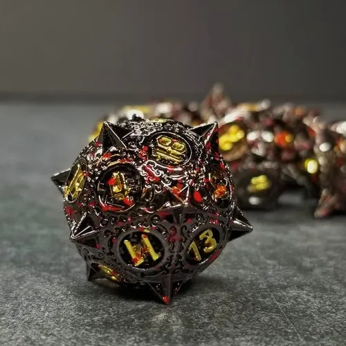 Miniatura 6 de Sage's Portal Enchanted Morning Stars - Juego de 7 dados poliédricos de metal con pinchos para Dungeons and Dragons TTRPG Pathfinder Negro/Oro/Sangre
