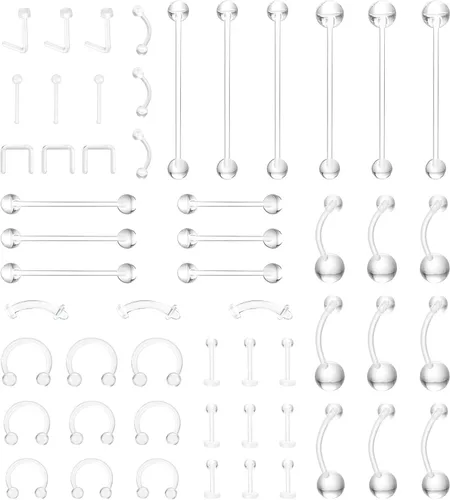 Juego de 54 retenedores de piercing transparentes, de plástico transparente de varios calibradores, joyería corporal para nariz, orejas, labios,