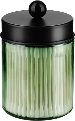 Amolliar - Frasco de vidrio de boticario verde salvia con tapa de metal y etiquetas, recipiente de almacenamiento para bastoncillos de algodón en el