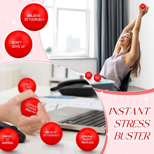 Miniatura 6 de Shappy 72 bolas inspiradoras para aliviar el estrés, bolas motivacionales de poliuretano a granel para adultos, terapia pequeña, juguetes para Rojo