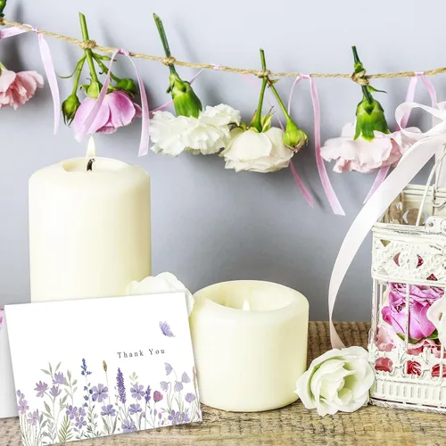 Miniatura 6 de AnyDesign Paquete de 24 tarjetas de agradecimiento de flores silvestres a granel, tarjetas de felicitación de flores moradas con adhesivo de sobre