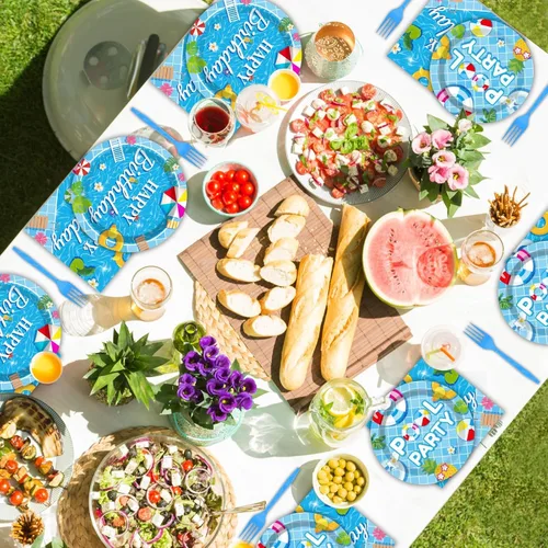 Miniatura 6 de Juego de vajilla de 96 piezas para fiesta de cumpleaños de piscina para decoración de mesa de playa de verano, suministros de bola de playa, platos