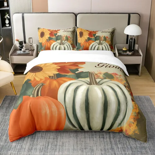jejeloiu Juego de funda de edredón de otoño, 100% algodón, tamaño individual, juego de ropa de cama de calabaza para niños y niñas, decoración de