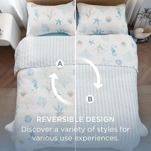 Miniatura 5 de Bedsure Colcha costera tamaño Queen – Ropa de cama reversible de verano y playa, colcha ligera de microfibra, colcha azul y blanca para todas