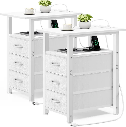 Miniatura 23 de Vagusicc Mesita de noche negra con estación de carga y luces LED, mesa auxiliar estrecha, mesita de noche LED con 3 cajones de tela para dormitorio