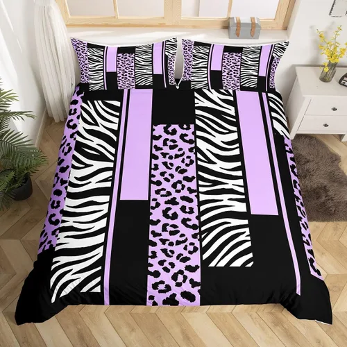 Miniatura 13 de Juego de ropa de cama con estampado de cebra de leopardo, tamaño Queen, para niños, color verde azulado, blanco, negro, juego de funda de edredón