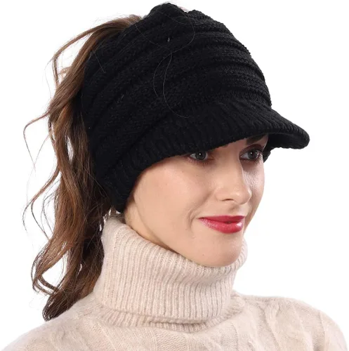 Miniatura 2 de FORBUSITE Gorro de punto cálido para mujer con diseño de cola de caballo para coleta, gorro B085
