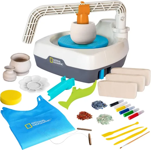 NATIONAL GEOGRAPHIC Juego Deluxe de Rueda de Cerámica – Juego Completo de Cerámica para Principiantes, Motor Enchufable, 1.36 kg de Arcilla Seca al