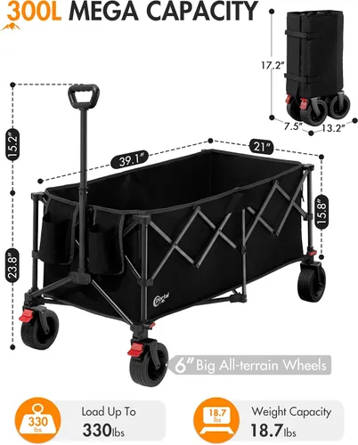 Miniatura 9 de Portal Carro plegable con ruedas grandes, carro extra grande de 300 L, carro utilitario ligero de 18.7 libras, carro resistente para playa
