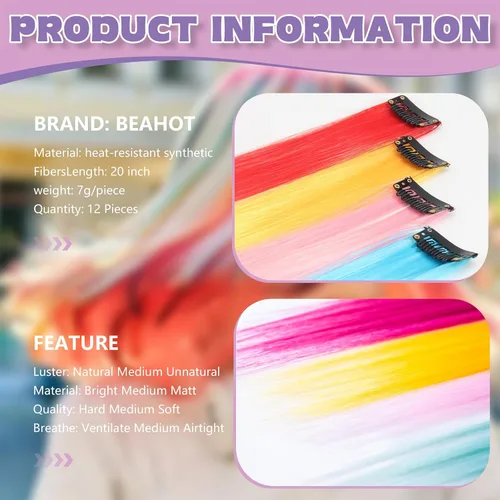 Miniatura 3 de 12 extensiones de cabello con pinza de colores de 20 pulgadas arcoíris largas y lacias de BEAHOT, piezas de cabello sintético para clip, disfraz