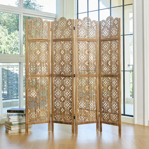 Miniatura 6 de Divisor de habitación plegable de 68.9 pulgadas, 4 paneles de pantallas de privacidad talladas en madera, partición decorativa ideal para el hogar