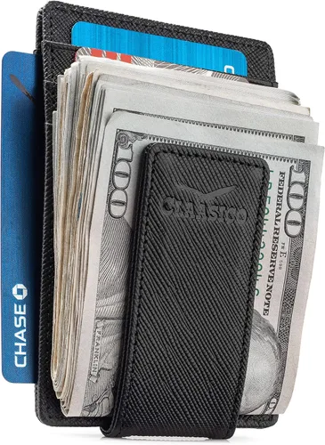 Cartera de cuero con clip de dinero para hombre bolsillo frontal delgado bloqueo RFID con imán súper fuerte