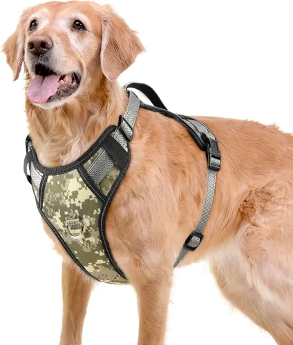 Arnés reflectante para perro, arnés para perro grande sin tirones, con 2 clips para correa y asa de control, chaleco ajustable de camuflaje suave