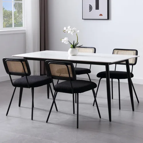 Miniatura 8 de Juego de 2 sillas de comedor de ratán, sillas de comedor de caña tapizadas de sherpa negro con respaldo de ratán, sillas de comedor tejidas
