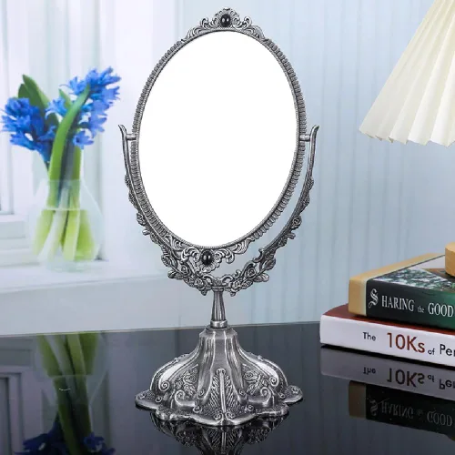 Miniatura 7 de Guppy Espejo de maquillaje vintage de metal pequeño, espejo cosmético ovalado de mesa floral, espejo cosmético giratorio vintage de doble cara