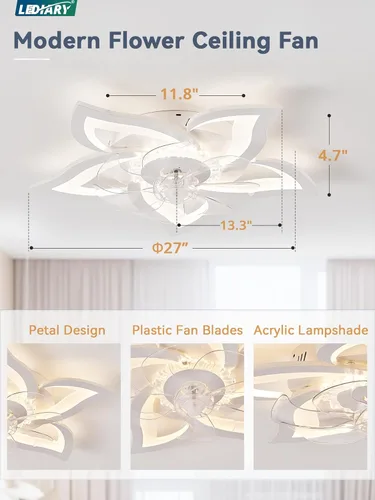 Miniatura 5 de LEDIARY Ventiladores de Techo con Flores y Luces, Ventilador de Techo Moderno Pequeño de Perfil Bajo de 27 Pulgadas, Lámpara de Techo LED Regulable