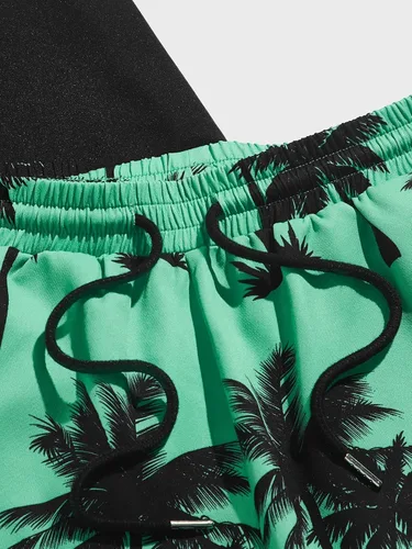 Miniatura 90 de GORGLITTER Conjunto de 2 piezas de camiseta gráfica de manga corta para hombre, estampado hawaiano con cordón y pantalones cortos