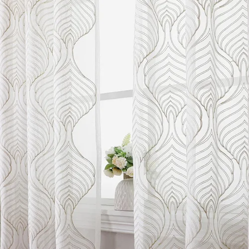 Miniatura 16 de VISIONTEX Cortinas traslúcidas blancas de 63 pulgadas de largo, juego de 2 paneles de bordado marroquí con puntos beige, tela de gasa bordada