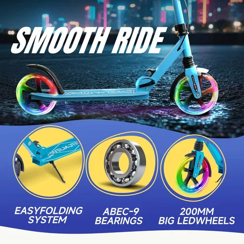 Miniatura 3 de Patinete para niños de 8+ años, adolescentes y adultos, con freno de mano delantero y freno trasero, y manillar ajustable, ruedas grandes y Azul