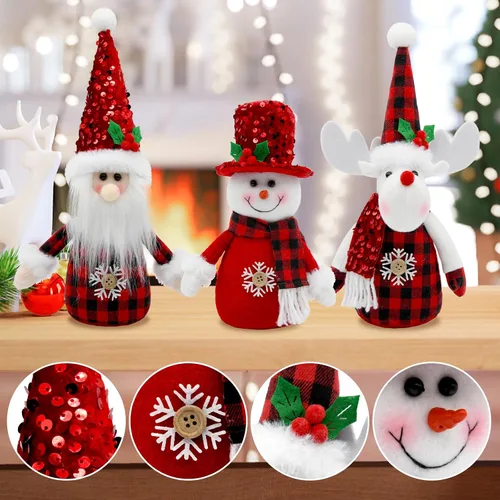 Miniatura 2 de Decoraciones navideñas de búfalo rojo para interiores, 3 piezas de muñeco de nieve de Navidad rojo, Papá Noel y reno, bandeja escalonada de felpa