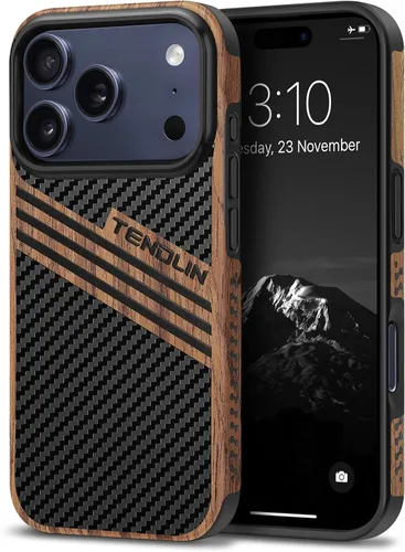 Miniatura 25 de TENDLIN Compatible con iPhone 17 Pro Max Funda de madera con textura de fibra de carbono Diseño de cuero híbrido delgado (negro)