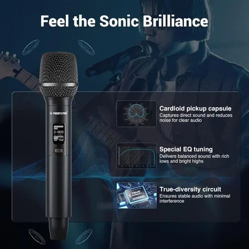 Miniatura 5 de Phenyx Pro Sistema de Micrófono Inalámbrico de Doble Canal, Micrófonos Dinámicos con Bloqueo de ID, Nivel de Potencia Ajustable, Escaneo Automático
