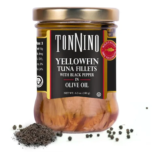 Tonnino Filetes de atún bajos en calorías y sin gluten de aleta amarilla en aceite de oliva, 6.3 onzas, pimienta negra (paquete de 6)