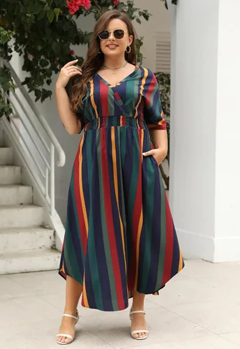 Miniatura 4 de Nemidor NEM403 - Vestido largo acampanado con cuello en V y estampado bohemio para mujer, talla grande, con bolsillo