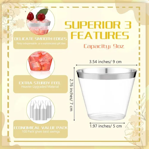 Miniatura 2 de Lounsweer 100 Piezas Vasos de Plástico con Borde de 9oz, Vasos de Cóctel Transparentes para Bodas, Copas de Vino Desechables Resistentes