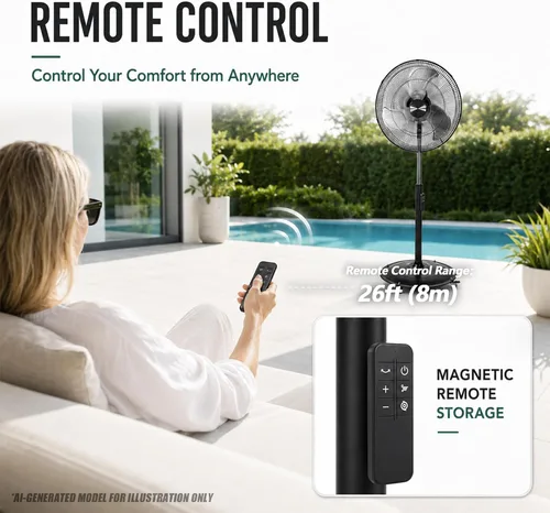 Miniatura 5 de Ventilador de pedestal oscilante de 18 pulgadas con control remoto, ventilador de pie de alta velocidad de 5000 CFM, motor de CC, 9 velocidades
