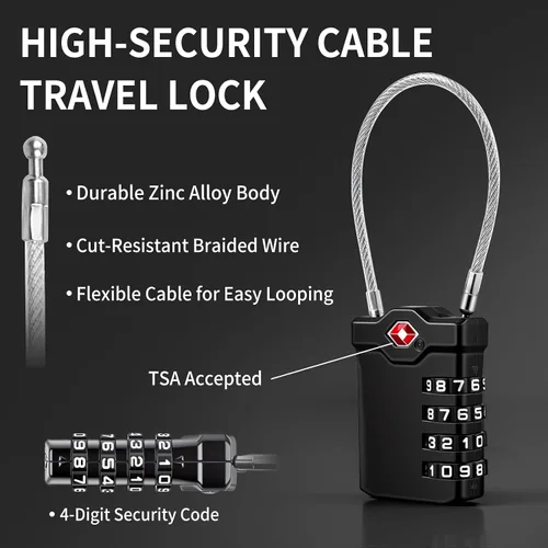 Miniatura 6 de XOOL 2 cerraduras de equipaje aprobadas por la TSA de 4 dígitos con cable de acero flexible, candado de equipaje reajustable para maletas, mochilas