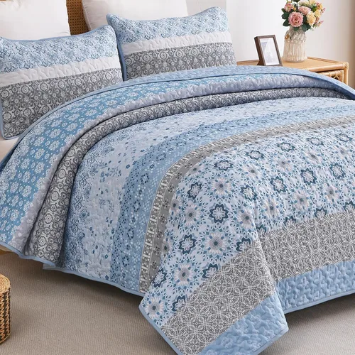 Miniatura 5 de WONGS BEDDING Juego de edredón bohemio tamaño Queen, juego de colcha de retazos a rayas bohemias aguamarina con 2 fundas de almohada, juego de ropa