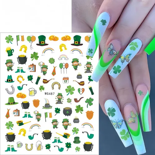 Miniatura 3 de 7 hojas de calcomanías de uñas del día de San Patricio para arte de uñas, calcomanías autoadhesivas 3D de trébol verde, diseño de uñas irlandesas