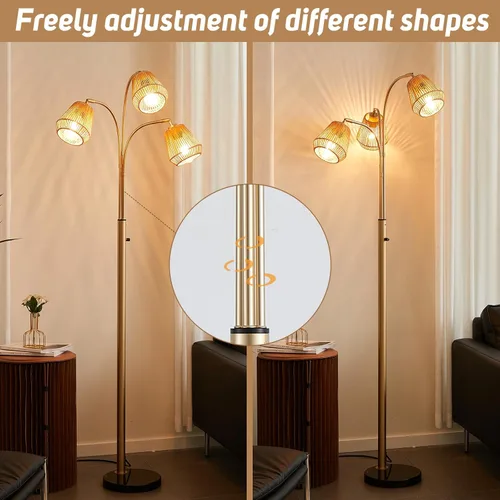 Miniatura 5 de Lámpara de pie dorada de ratán para sala de estar, lámpara de pie boho de 72 pulgadas de alto con interruptor giratorio, lámpara de arco de 3 luces