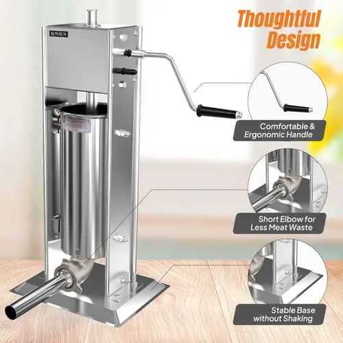 Miniatura 7 de ROVSUN Embutidora de salchichas manual de 11LBS/5L, máquina de salchichas vertical de dos velocidades de acero inoxidable, máquina de relleno