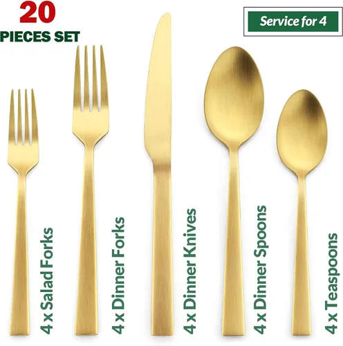 Miniatura 2 de E-far - Juego de cubiertos de 20 piezas de acero inoxidable mate para 4, cubiertos de metal para comer, incluye tenedores, cucharas, cuchillos, Oro